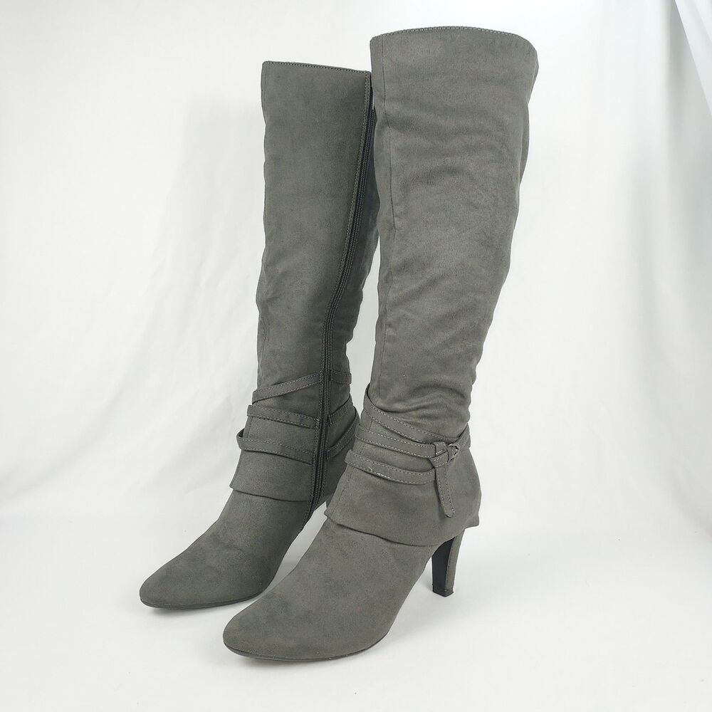 Coach and Four Teak Tall Boots Womens 9.5M Charcoal Gray Stretch Buckle Heel